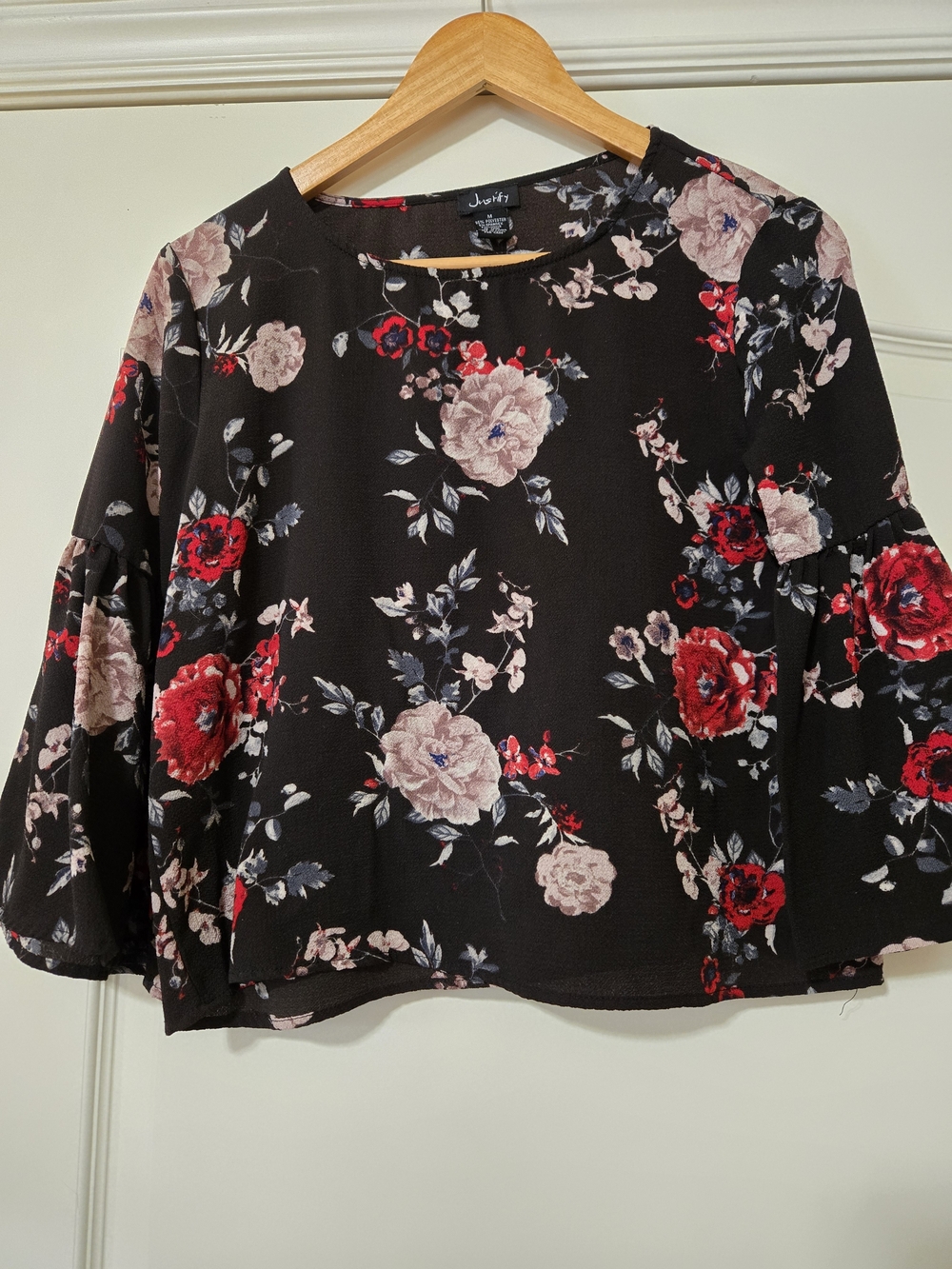 Justify Black Floral Bell-Sleeve Blouse with Red and Blush Flowers Fall Ruffle